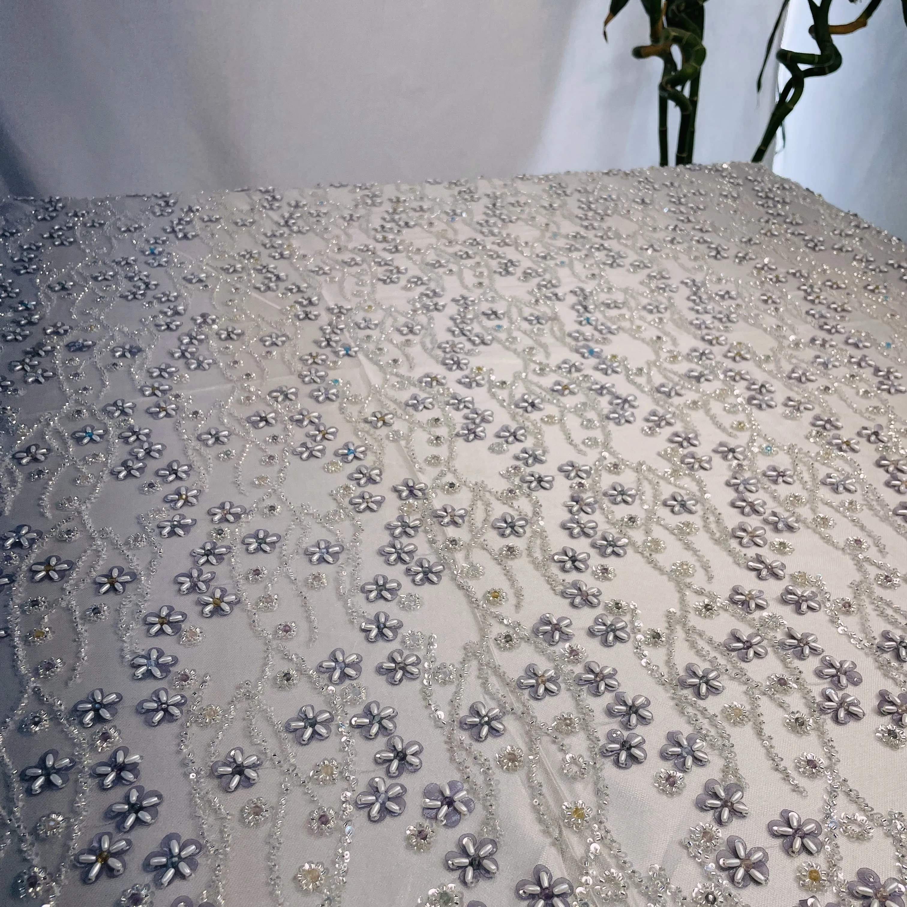 Premium Lavender Floral Heavy Sequins CutDana Turkish Work Embroidery Net Fabric