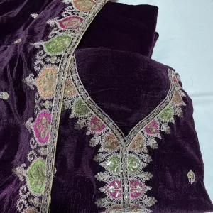 Premium Wine Multicolor Thread Sequins Embroidery Velvet Suit Set With Dupatta