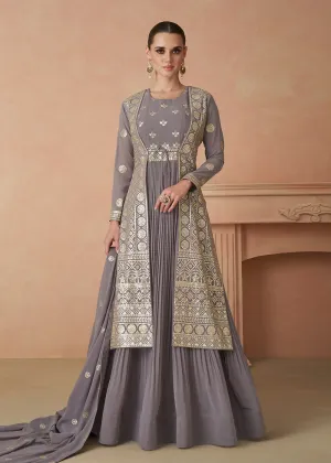 Pretty Grey Sequins Embroidered Georgette Designer Gown