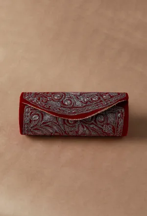 Ruby Red Velvet Silver Embroidered Clutch