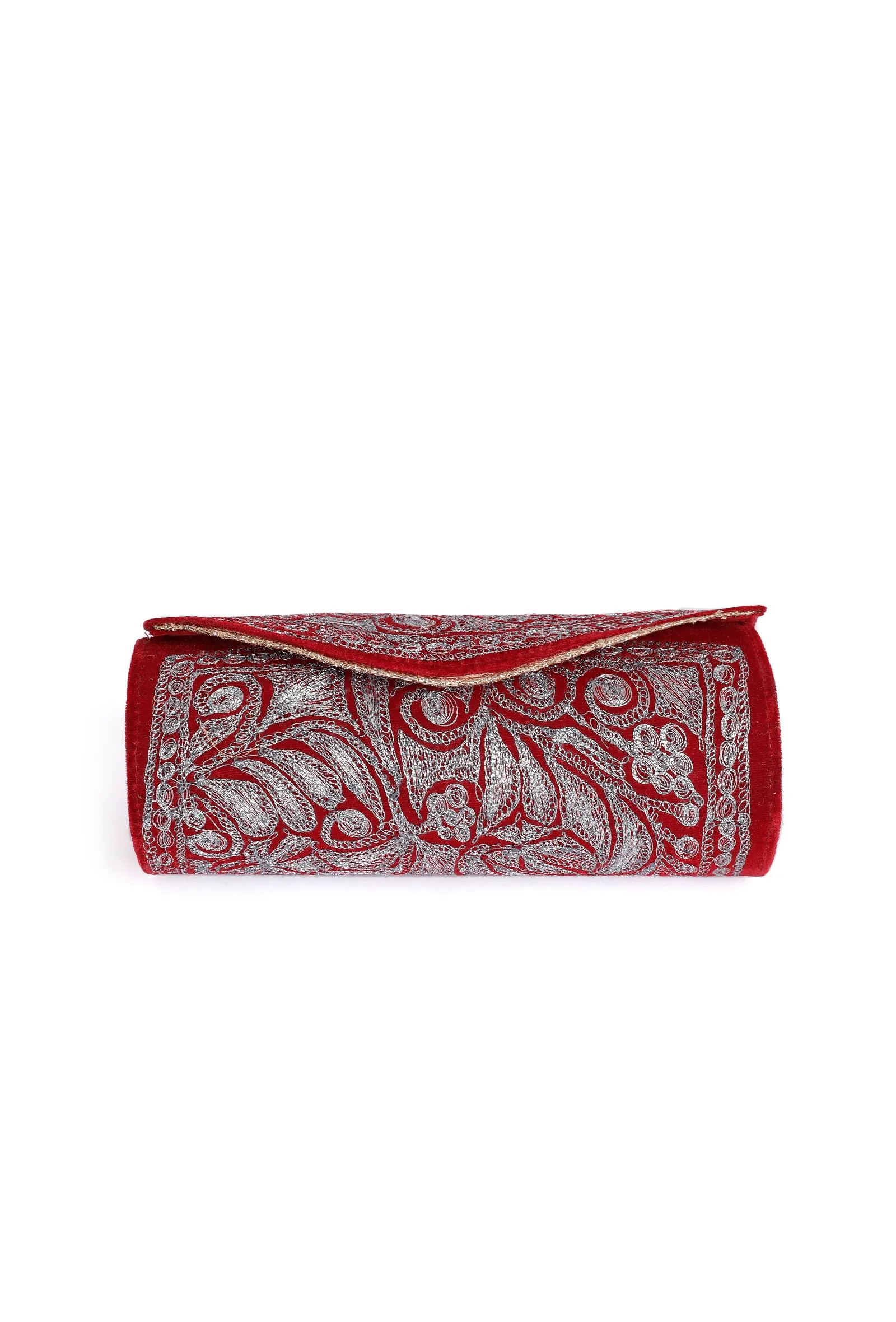 Ruby Red Velvet Silver Embroidered Clutch