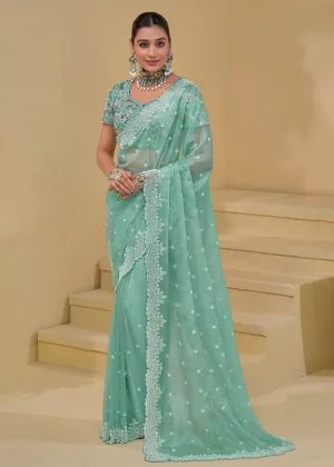 Sea Green Banarasi Silk Embroidered Designer Saree