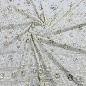 White & Golden Floral Sequins Embroidery Dyeable Georgette Fabric