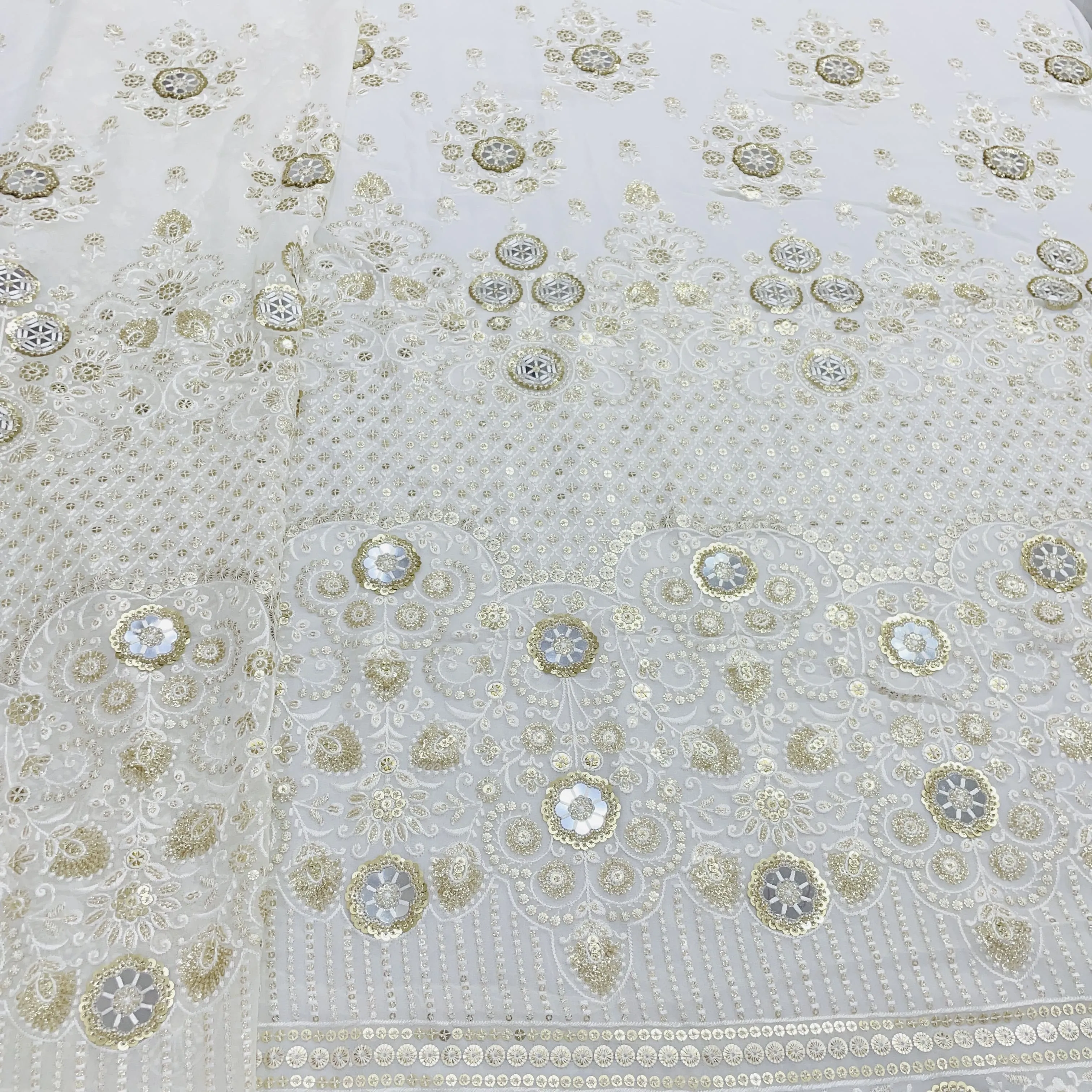 White & Golden Floral Sequins Embroidery Dyeable Georgette Fabric