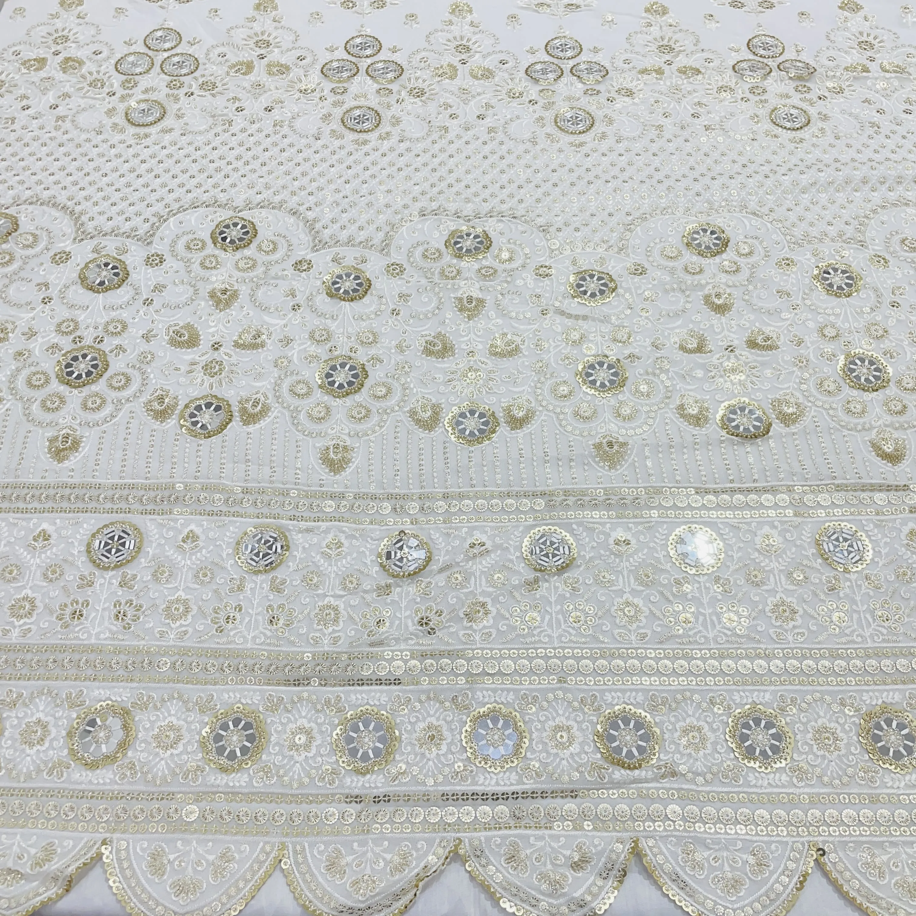 White & Golden Floral Sequins Embroidery Dyeable Georgette Fabric