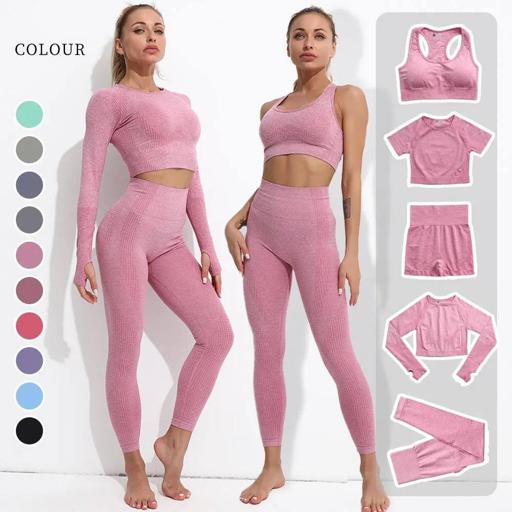 Yoga Sets Seamless Long Sleeve Crop Top High Waist Gym Fitness Leggings For Women